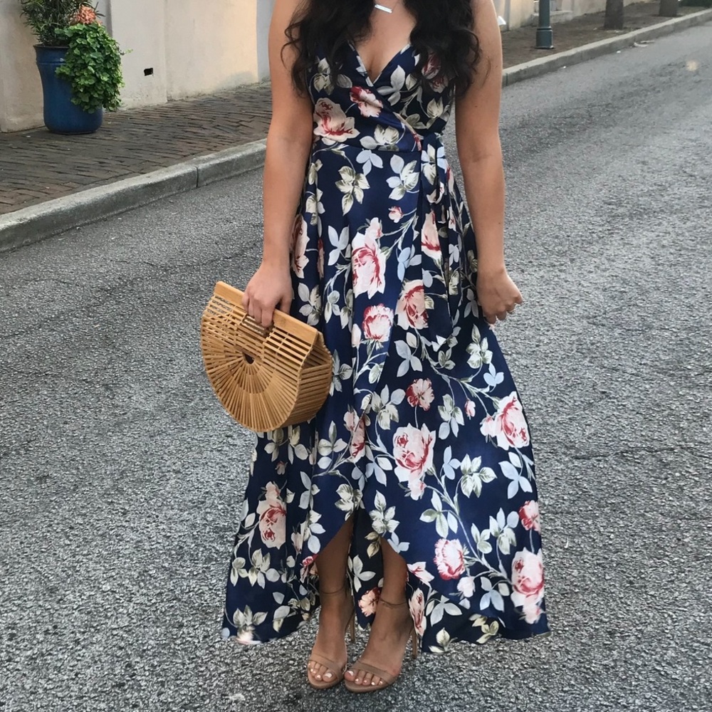 Target silky blue floral maxi faux wrap dress, Size S